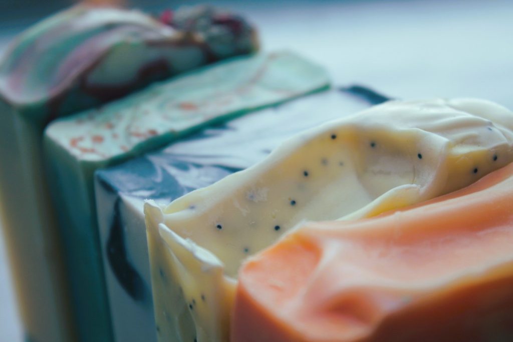 A close up of some soap bars on top of each other