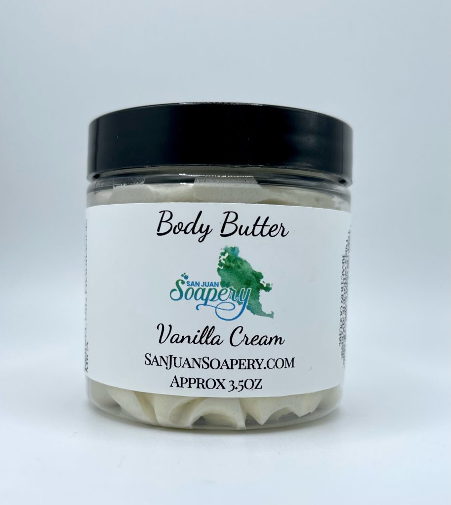 A jar of vanilla cream body butter.