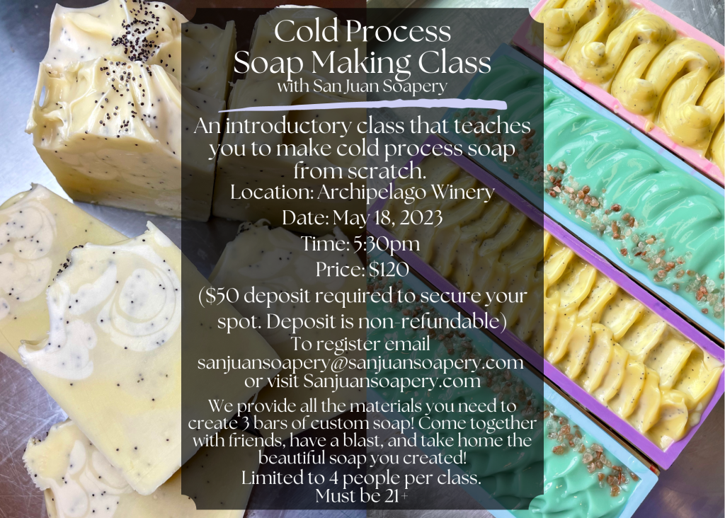 A poster advertising a cold process soap making class.