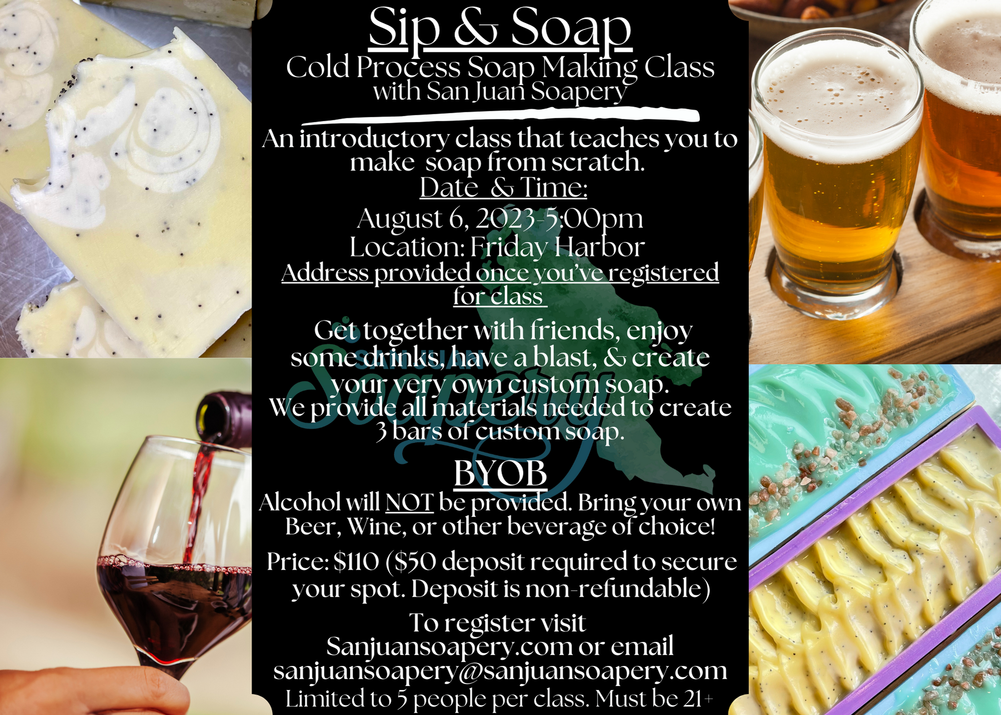 A poster with information about sip and soap classes.